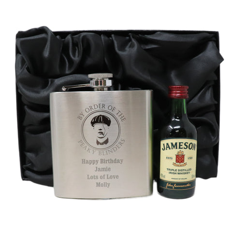 Personalised Silver Hip Flask & Miniature Alcohol - Peaky Blinders Design