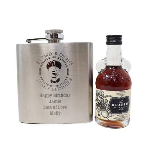 Personalised Silver Hip Flask & Miniature Alcohol - Peaky Blinders Design