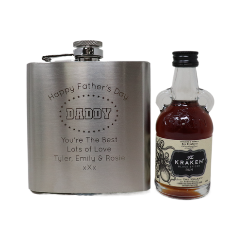 Personalised Silver Hip Flask & Miniature Alcohol - Father's Day Design