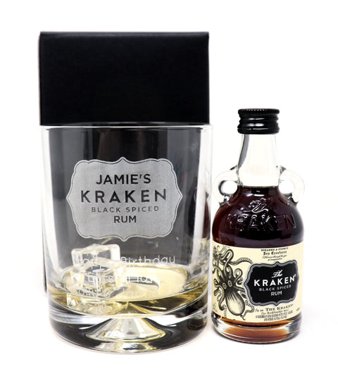 Personalised Kraken Label Rum Glass Tumbler & Miniature Rum Gift Set