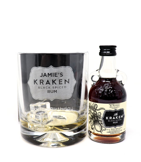 Personalised Kraken Label Rum Glass Tumbler & Miniature Rum Gift Set