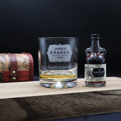 Personalised Kraken Label Rum Glass Tumbler & Miniature Rum Gift Set