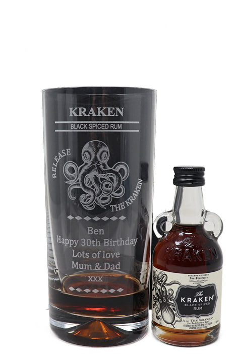 Personalised Kraken Octopus Rum Highball Glass & Miniature Rum Gift Set
