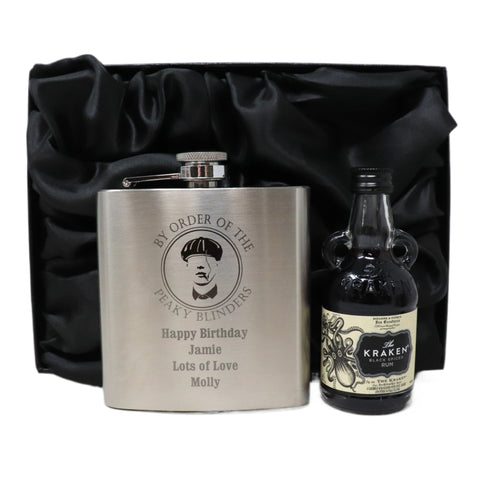 Personalised Silver Hip Flask & Miniature Alcohol - Peaky Blinders Design