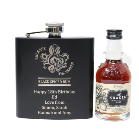 Personalised Black Hip Flask & Miniature Alcohol - Kraken Rum Octopus Design