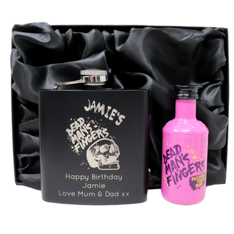 Personalised Black Hip Flask & Miniature Alcohol - Dead Man's Fingers Rum Design