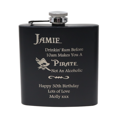 Personalised Black Hip Flask - Pirate Rum Design