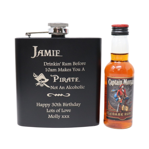 Personalised Black Hip Flask & Miniature Alcohol - Pirate Rum Design