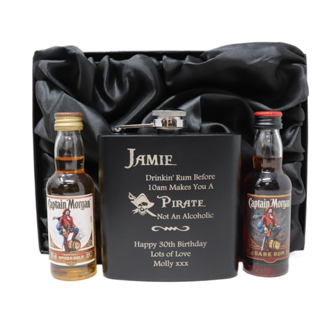 Personalised Black Hip Flask & Miniature Alcohol - Pirate Rum Design