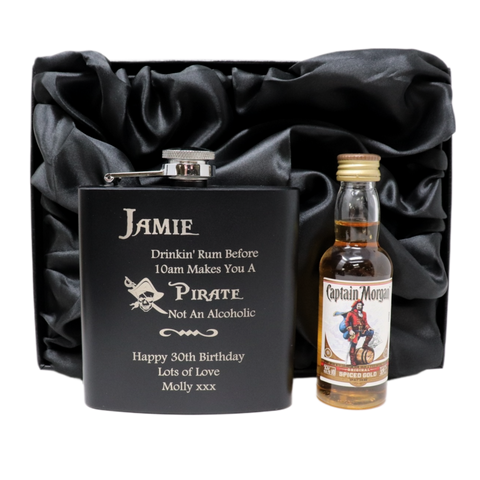 Personalised Black Hip Flask & Miniature Alcohol - Pirate Rum Design