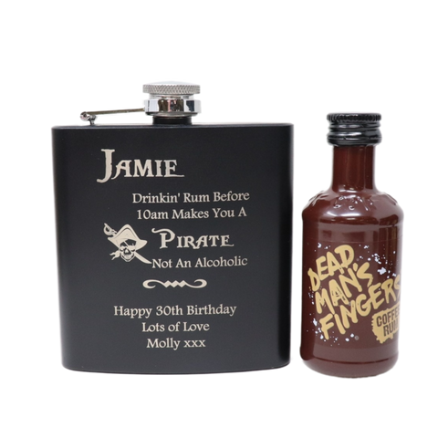 Personalised Black Hip Flask & Miniature Alcohol - Pirate Rum Design