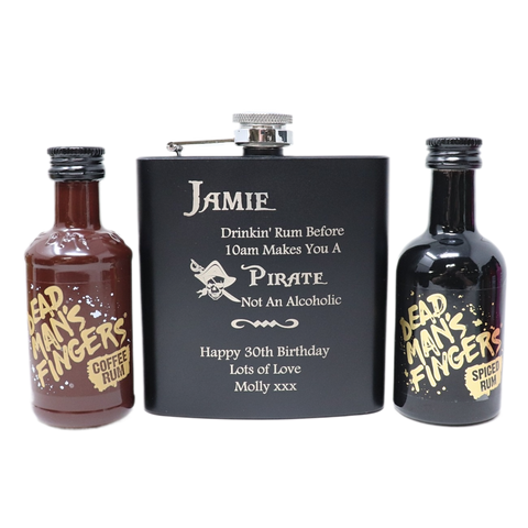 Personalised Black Hip Flask & Miniature Alcohol - Pirate Rum Design