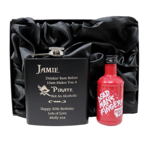 Personalised Black Hip Flask & Miniature Alcohol - Pirate Rum Design