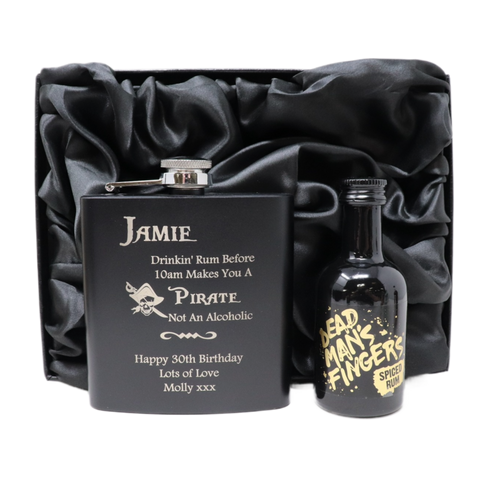 Personalised Black Hip Flask & Miniature Alcohol - Pirate Rum Design