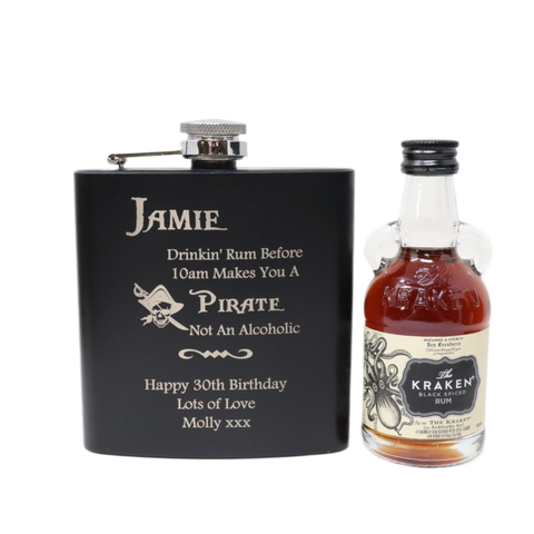 Personalised Black Hip Flask & Miniature Alcohol - Pirate Rum Design