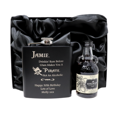 Personalised Black Hip Flask & Miniature Alcohol - Pirate Rum Design