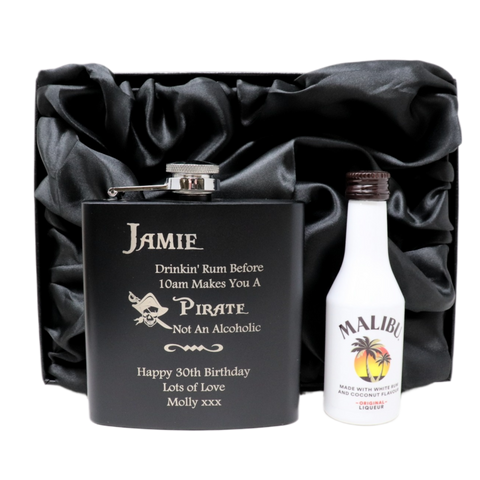 Personalised Black Hip Flask & Miniature Alcohol - Pirate Rum Design