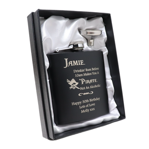 Personalised Black Hip Flask - Pirate Rum Design