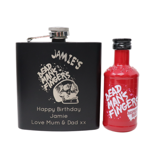 Personalised Black Hip Flask & Miniature Alcohol - Dead Man's Fingers Rum Design