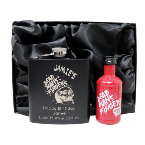 Personalised Black Hip Flask & Miniature Alcohol - Dead Man's Fingers Rum Design