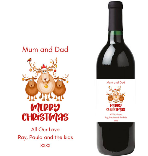 Personalised Wine Bottle Label - Christmas Cute Reindeer Design