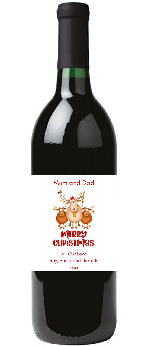 Personalised Wine Bottle Label - Christmas Cute Reindeer Design