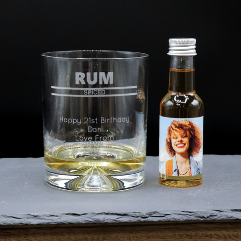 Personalised Rum Glass Tumbler & Photo Design Miniature Bottle of Spiced Rum