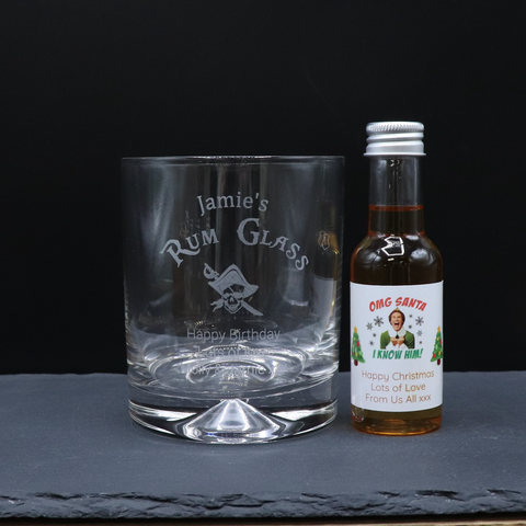 Engraved Rum Glass Tumbler & Personalised Christmas Elf Miniature Spiced Rum