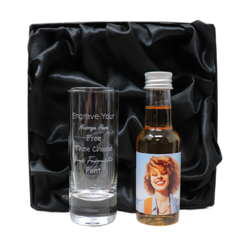 Personalised Tall Shot Glass & Photo Design Miniature Bottle of Spiced Rum