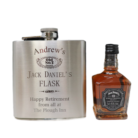 Personalised Silver Hip Flask & Miniature Alcohol - Jack Daniels Design