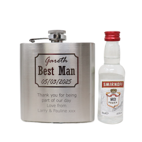Personalised Silver Best Man Wedding Hip Flask & Miniature Alcohol Gift Set