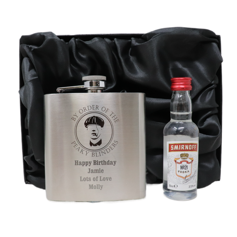 Personalised Silver Hip Flask & Miniature Alcohol - Peaky Blinders Design