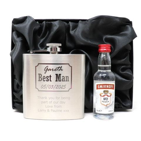 Personalised Silver Best Man Wedding Hip Flask & Miniature Alcohol Gift Set