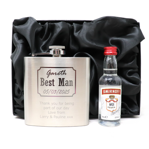 Personalised Silver Hip Flask & Miniature Alcohol - Best Man Wedding Design