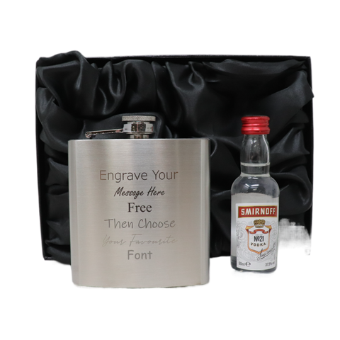 Personalised Engraved Silver Hip Flask & Miniature Alcohol Gift Set