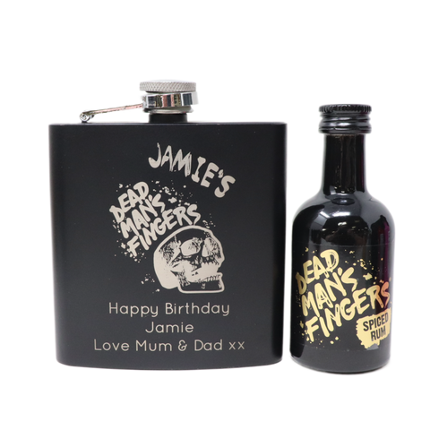 Personalised Black Hip Flask & Miniature Alcohol - Dead Man's Fingers Rum Design