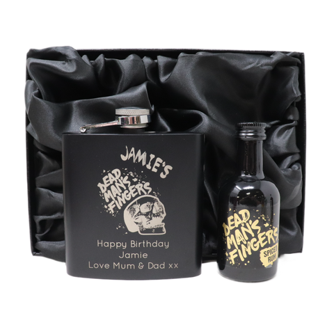 Personalised Black Hip Flask & Miniature Alcohol - Dead Man's Fingers Rum Design