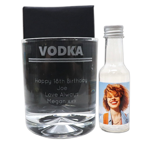 Personalised Vodka Glass Tumbler & Photo Design Miniature Bottle