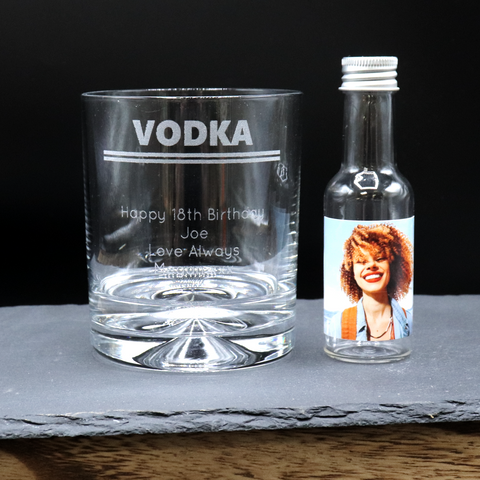 Personalised Vodka Glass Tumbler & Photo Design Miniature Bottle