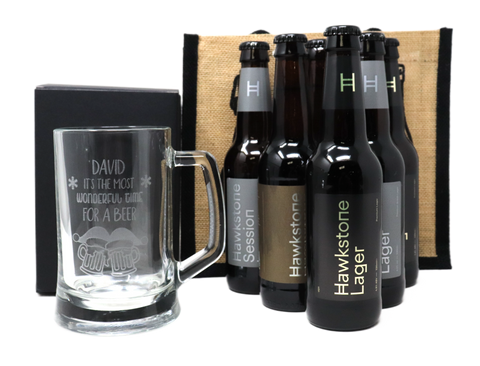 Personalised Pint Glass Tankard & 6 Bottles of Hawkstone Beer Gift Set - Christmas Design