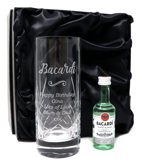 Personalised Crystal Highball Glass & Miniature - Bacardi Design