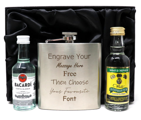 Personalised Engraved Silver Hip Flask & Miniature Alcohol Gift Set