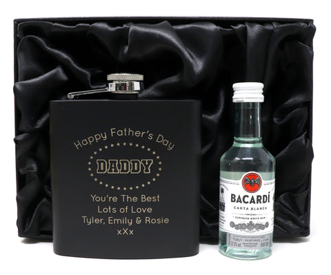 Personalised Black Hip Flask & Miniature in Silk Gift Box - Father's Day Design