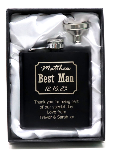 Personalised Black Hip Flask in Gift Box - Best Man Wedding Design