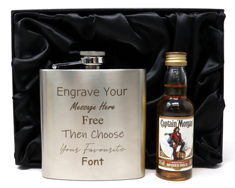 Personalised Engraved Silver Hip Flask & Miniature Alcohol Gift Set
