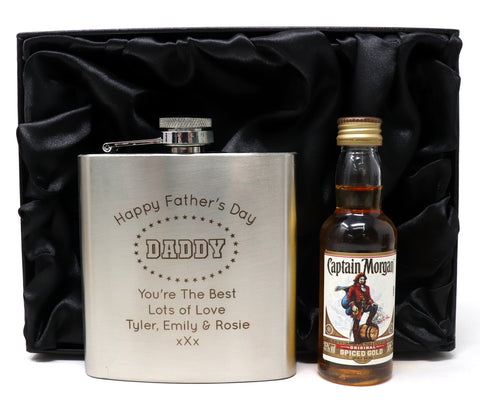 Personalised Silver Hip Flask & Miniature Alcohol - Father's Day Design