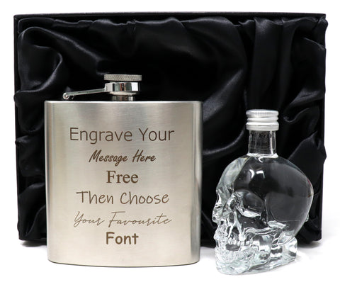 Personalised Engraved Silver Hip Flask & Miniature Alcohol Gift Set