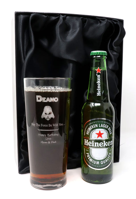 Personalised Pint Glass & Beer/Cider Gift Set - Star Wars Darth Vader Design