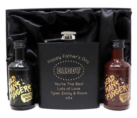 Personalised Black Hip Flask & Miniature - Father's Day Design