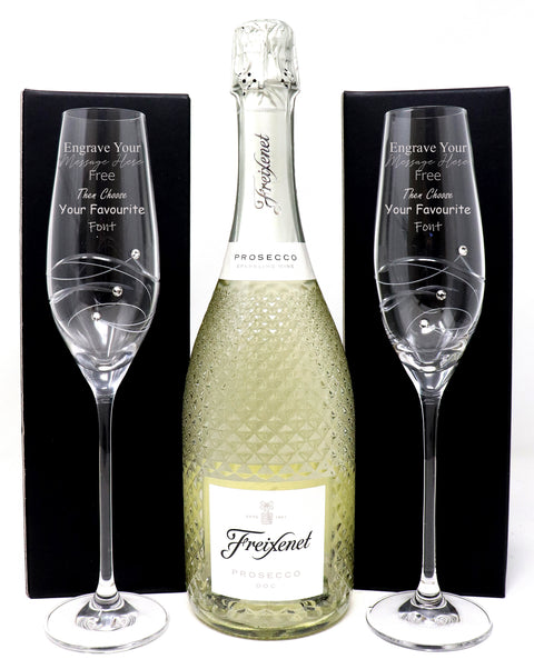 Pair of Personalised Diamante Flutes & Freixenet Prosecco